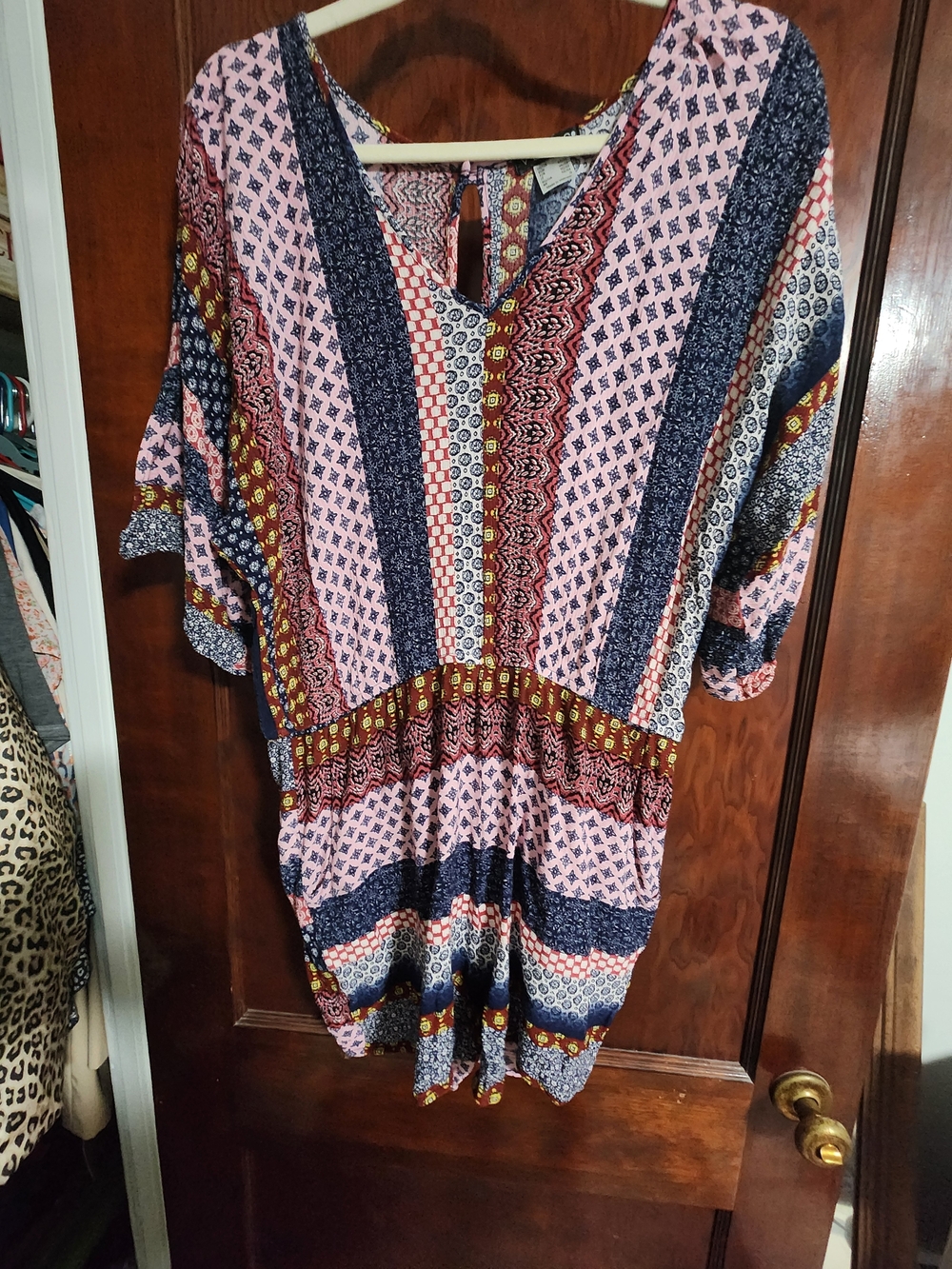 VENUS Pink and Navy Mixed-Print V-Neck Romper